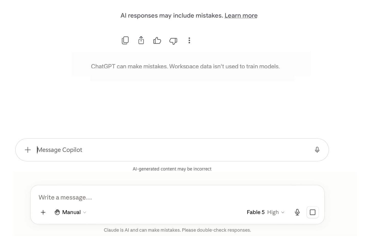 A collection of AI interface notices warning that generated answers can contain mistakes.